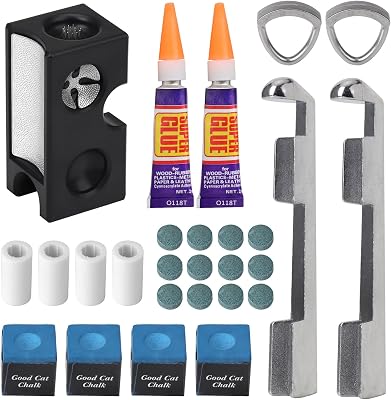 25pcs Pool Cue Repair Kit: 1 8in1 Pool Cue Tips Repair Tool 2 Pool Cue Tip Clamp 12 Billiard Cue Tips 4 Ferrules 4 Chalk Cubes