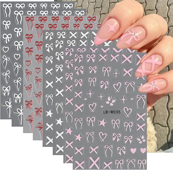 Heart Bows Nail Art Stickers Valentine's Day Nail Supplies 3D Self Adhesive Hearts Nail Sticker Heart Love White Red Pink Bow Tie Nail Design Heart Bow Nail Decals for Women Manicure Fingernail Daily
