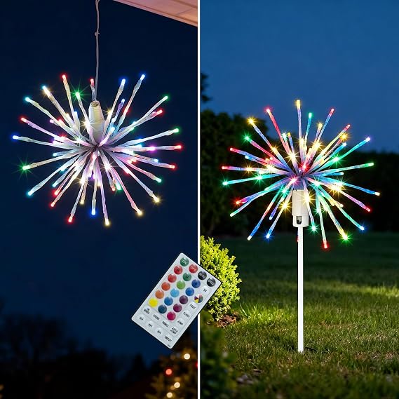 LIGHTSHARE 12" Starburst Light Lighted Ball 80 LED Firework Lights Twinkle with Remote Control Hanging Ball Dual-use for Patio Walkway Pathway Decoration Indoor/Outdoor