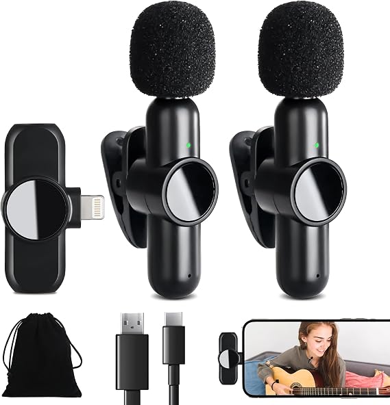 Wireless Lavalier Microphone for iPhone, 2 Pack Mini Clip-On iPhone Microphone, Dual Lapel Microphone Wireless Podcast Mic for Video Recording, Live Streaming, YouTube, Tiktok, Vlog, Black