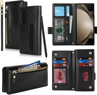 Jaorty Fit for Samsung Galaxy Z Fold 5 5G Case Wallet with S Pen Holder for Men Women [S Pen Not Include],Z Fold 5 Fold5 Phone Case with Card Holder,Wrist Strap Zipper PU Leather Case,Black