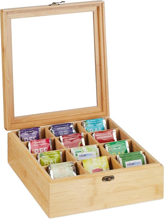 Relaxdays Tea Box 12 Compartments Bamboo H x W x D: 9.5 x 26.5 x 28.5 cm for Tea & Coffee Pods Tea Container with Lid Natural