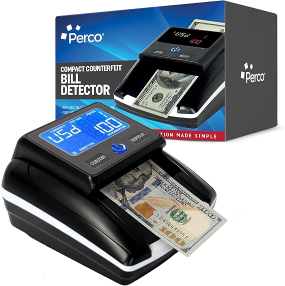 Perco Portable Counterfeit Bill Detector with UV/MG1/MG2/IR Smart Detection, Compact Lightweight Design Money Checker for Small Business, Retail, and On-the-Go Use