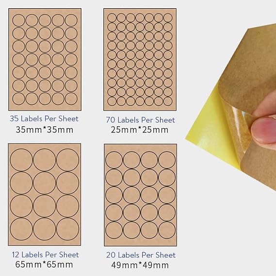 [35mm x 35 Labels,10 Sheets] Kraft Paper A4 Labels - Circular - Brown Inkjet Laser Stickers Printing Round