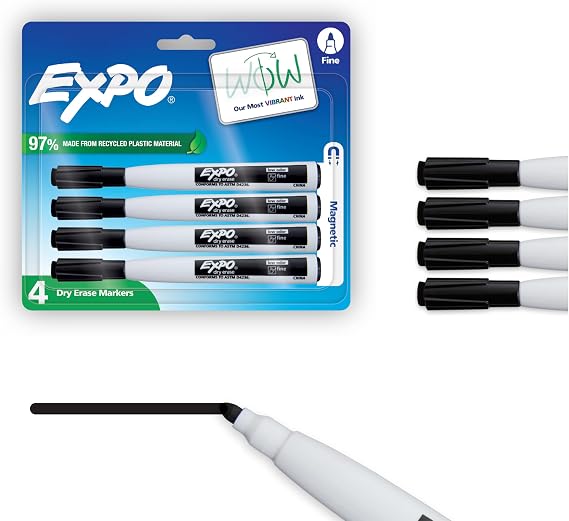 EXPO Magnetic Dry Erase Markers with Eraser, Black, Fine Tip, 4 Count - Back to School, Teacher Supplies, Home Organization