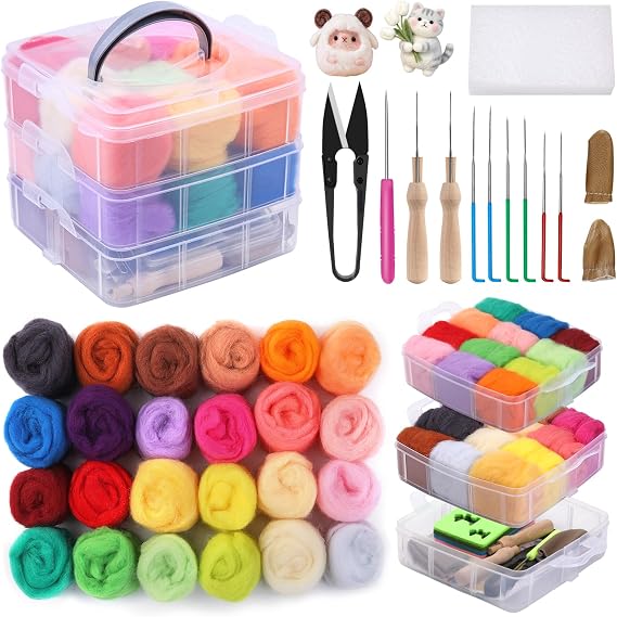 Qzma Felting Kit Wool Felt with 24 Colors Wool Roving, Felting Needles