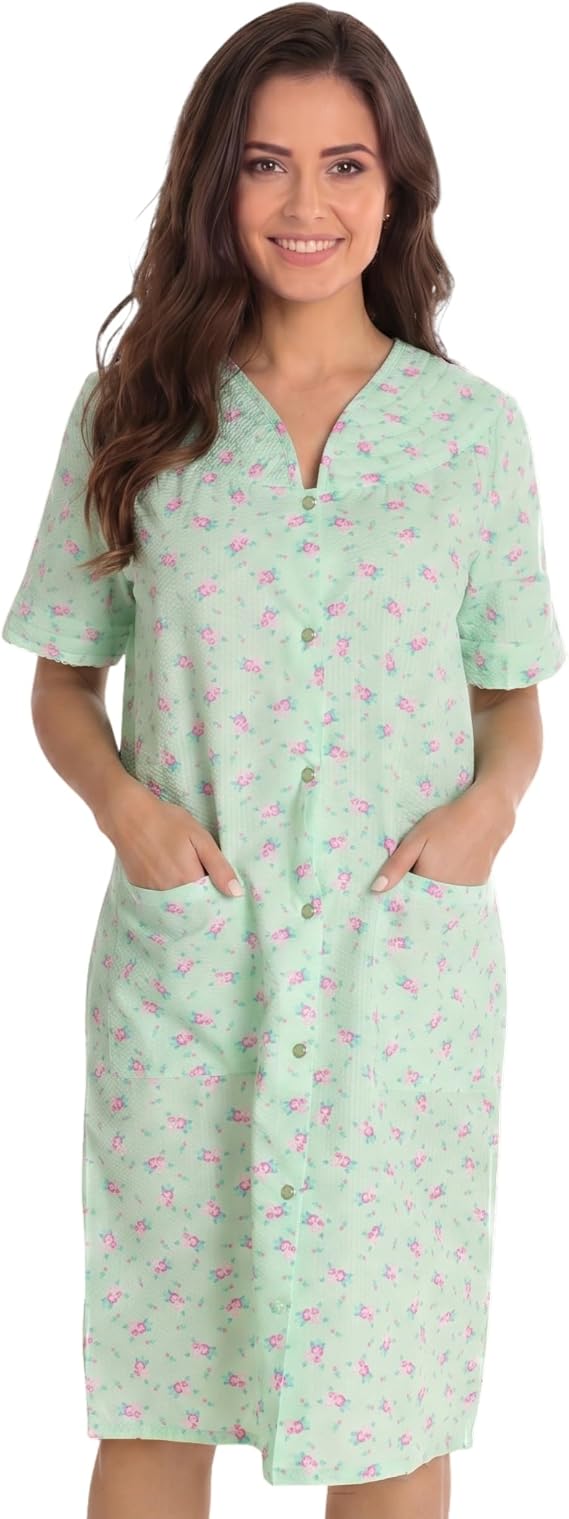 Dreamcrest Short Sleeve Seersucker Duster Snap-Front House Coat with Pockets