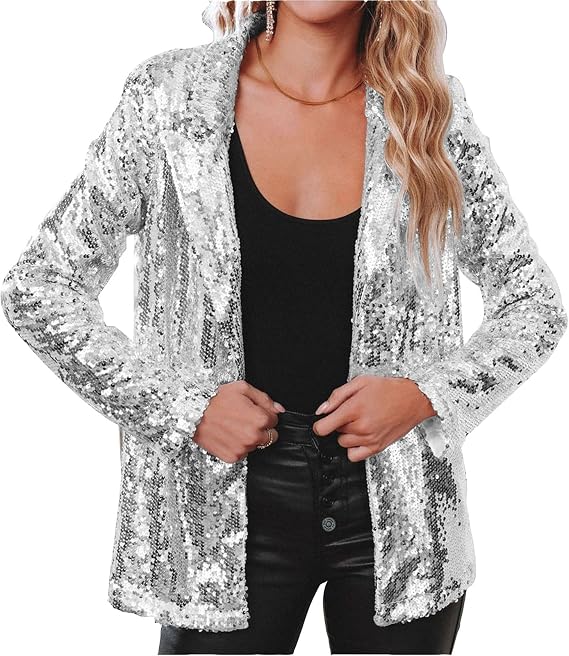 Sequin Jacket for Women's, Casual Long Sleeve Glitter Party Shiny Lapel Coat Lightweight Blazer Coat, Open Front Blazer