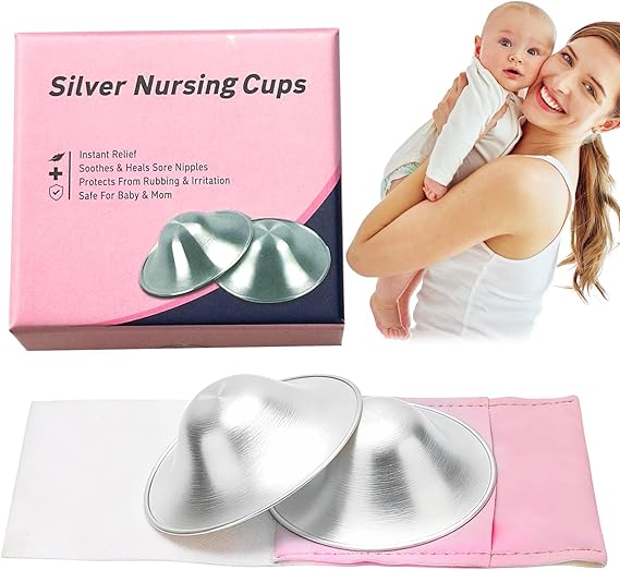 2 PCS Silver Nipple Shields for Breastfeeding,Breastfeeding Protection Covers,Protect and Soothe Sore Nickel Free Sensitive Nipples Protection,Silver Nursing Cups for Nursing Newborns