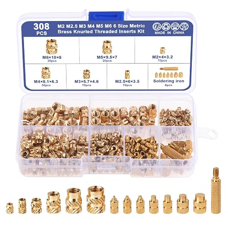 Habwea Pack of 308 Threaded Inserts 3D Printing M2 M2.5 M3 M4 M5 M6 Threaded Inserts Melting Thread Brass Screw Nut with Soldering Iron Melting Aid Melting Thread for Plastic Parts