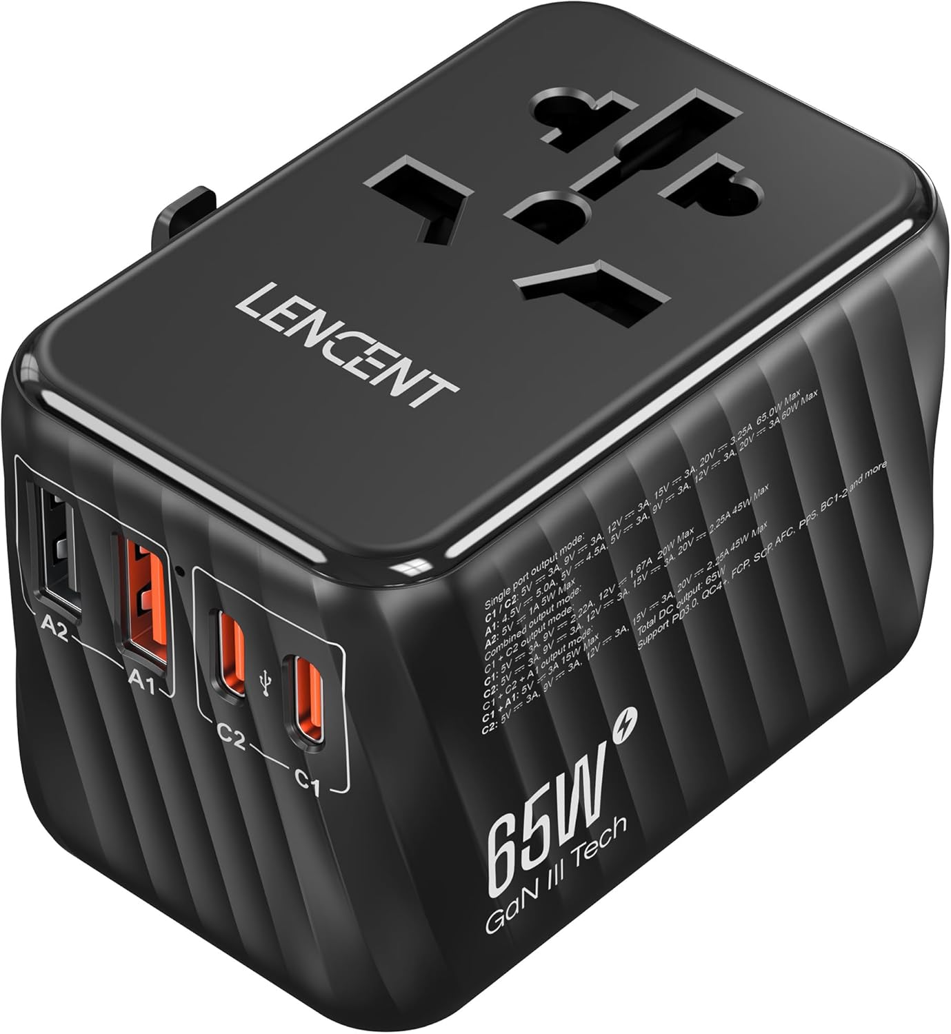 LENCENT Universal Travel Adapter, 65W GaN International Fast Charger with 2 PD3.0 Type C2 QC USB A, Worldwide Power Adaptor for Phones,Laptops, All in One Travel Essentials for EUUSAUKAU, Black