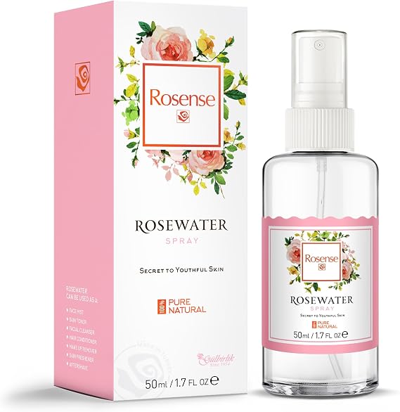 Rosense Glass Bottle Rosewater Hydrating Facial Toner/Rose Water Face Mist 1.7 Oz