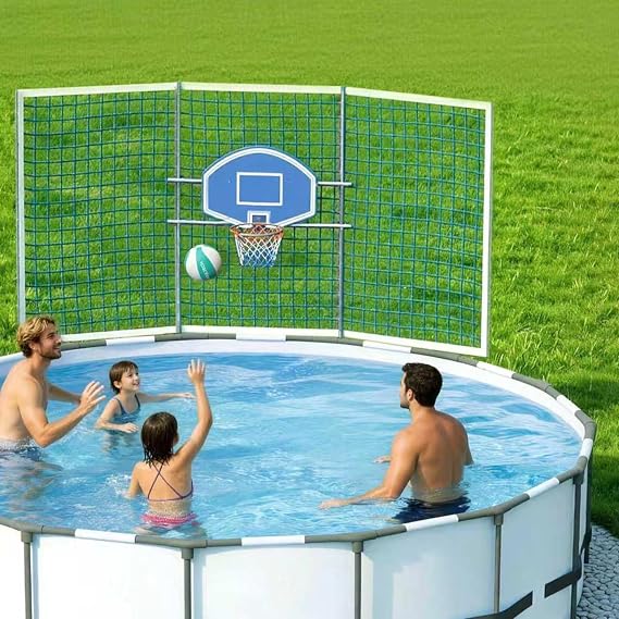 ECOPOOLTECH Pool Basketball Hoop with Backstop Net for Round Above-Ground Pools Only, Height Adjustable Thick PVC Backboard, Sturdy Stainless Steel Frame, Includes Basketball and Pump.