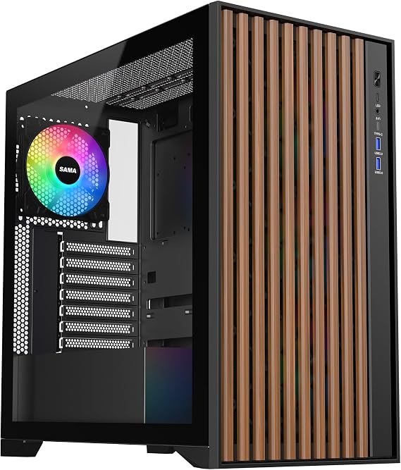 SAMA ATX PC Case,Tempered Glass Mid Tower Case,Genuine Walnut Wood Front,4 x 120mm ARGB PWM Pre-Installed,Type C USB,PC Gaming Case,Black(V-Nature)