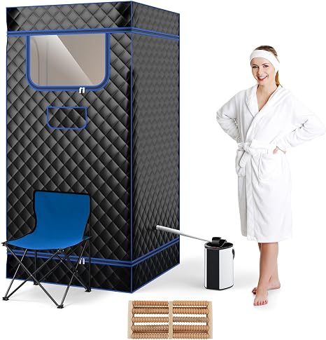 HOMASIS Portable Steam Sauna Home Sauna with Steam Generator 3 Litres Sauna for Home with Remote Control 9 Temperature Levels & 9 Timer Mobile Sauna Tent with Folding Chair & Foot Massager (Black)