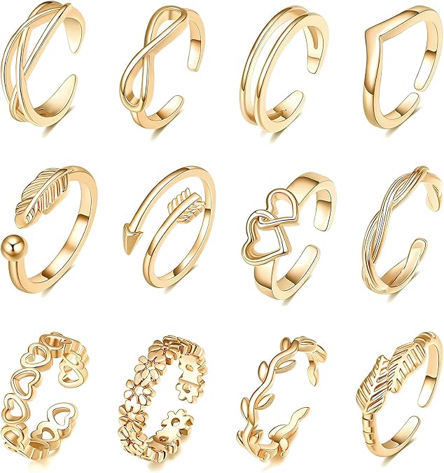 12PCS Adjustable Gold Plated Toe Open Rings Valentine's Day Gifts for Women Girls Stackable Finger Jewellery Knuckle Rings Floral Heart Arrow Patterns Summer Beach Foot Jewelry Birthday for Mum Ladies