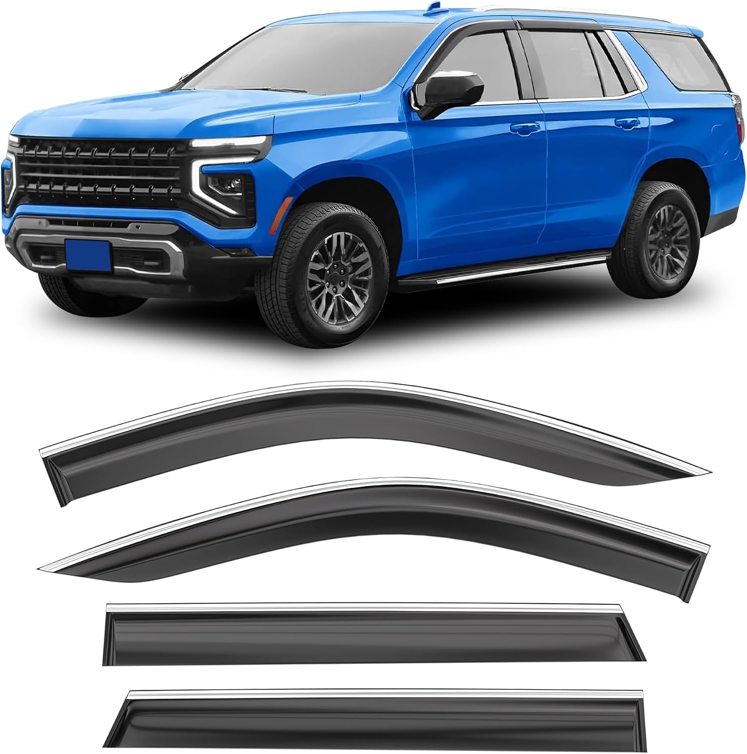 Shatterproof Taped-On Window Deflectors for Chevrolet Chevy TahoeGMC Yukon 2021-2025 with ChromeTrim, Rain Guards, Window Visors for Car, Vent Deflector, 4pcs