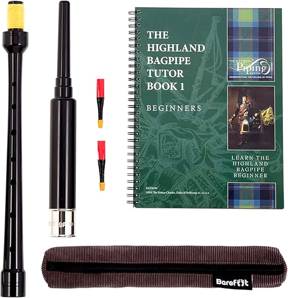 Practice Bagpipe Chanter Standard Length, 18 inches. Includes Tan Carry Case. 2 Quality Reeds and Piping Institute of Scotland Highland Bagpipes Tutor Book 1