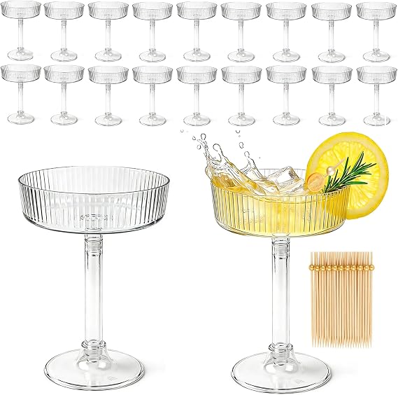 20PCS Plastic Martini Glasses, Disposable 5OZ Ribbed Coupe Glasses Set Vintage Cocktail Glass For Party Detachable Plastic Cocktail Cups Unbreakable Drinking Glassware for Birthday, Wedding, Gathering