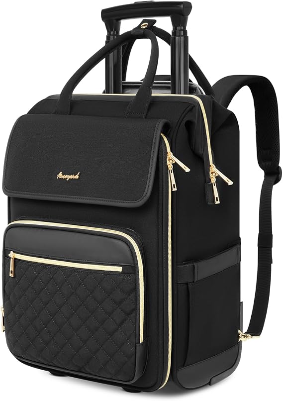 Arcoyard Rolling Backpack for Women with Wheels Carry On Backpack, Black Gold, Black