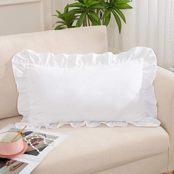 White Ruffle Lumbar Pillow Cover, 12x20 Inch