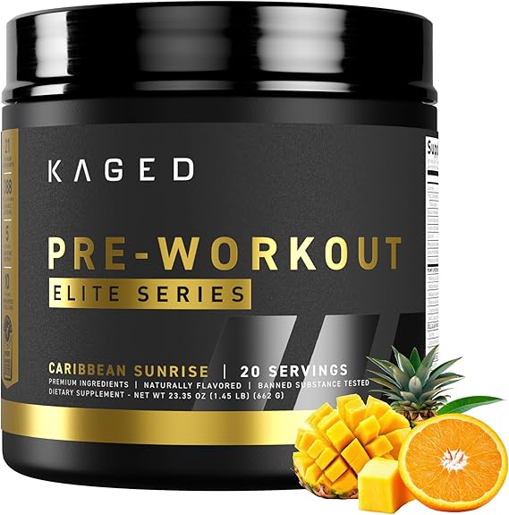Kaged Pre Workout Powder Pre-Workout Elite for Men & Women | High Stimulant for Energy, Focus, Pumps | L-Citrulline, Beta Alanine, Creatine & 388mg of Organic Caffeine | Caribbean Sunrise