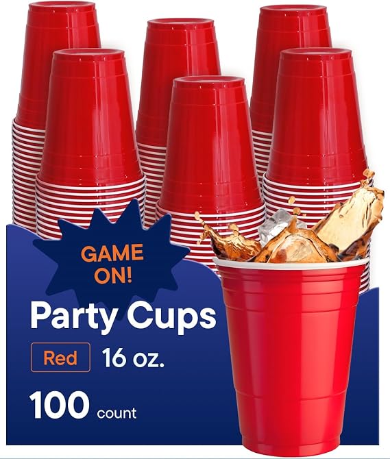 Red Cups - Party Cups - Disposable Plastic Cups [16 oz - 100 Pack] Fun & Durable Party Cups for Drinking & Playing - Bulk Case of 100 Cups, By Stack Man