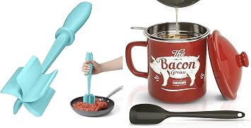 Aqua Meat Chopper and Red Bacon Grease Container