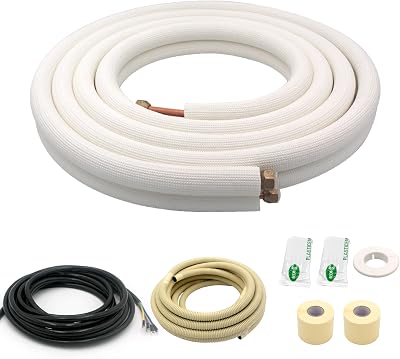 16FT Mini Split Line Set 1438 OD HVAC Copper Tube Pipe Extension,38 Thickened PE Insulation Coil Air Conditioner Twin Copper Line Heating Equipment Hose with Flared Nuts 16FT 1438 with wire