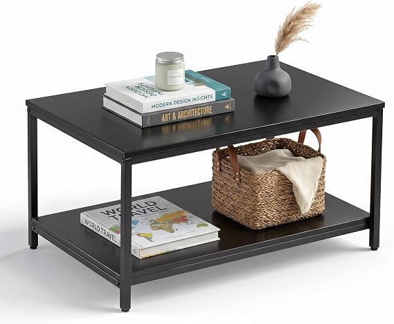 SUPER DEAL 2-Tier Industrial Coffee Table with Storage Shelf for Small Apartment Living Room, Rectangle Wood and Stable Metal TV Stand Side End Table, Black