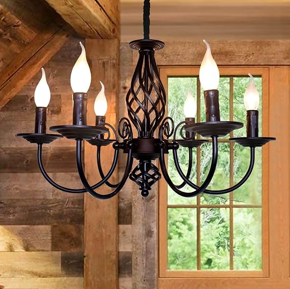 Rustic Pendant Chandelier, French Country Vintage 6 Lights Chandeliers Farmhouse Pendant Light Fixture Height Adjustable Candle Wrought Iron Chandelier for Kitchen,Dining Room,Living Room,Foyer
