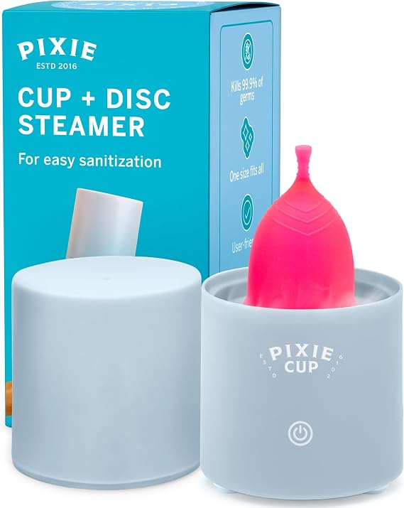 Pixie Menstrual Cup and Disc Steamer Sterilizer - 3 Minute Steam Clean - Sensor On-Off Button - Automatic Shut Off - Compact Cylinder Design