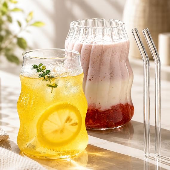 2 Pcs Ribbed Glass Cups Set with Straws 530ML Vintage Drinking Glassware Ripple Cocktail Glasses for Iced Coffee Soda Tea Juice Beverage Milk