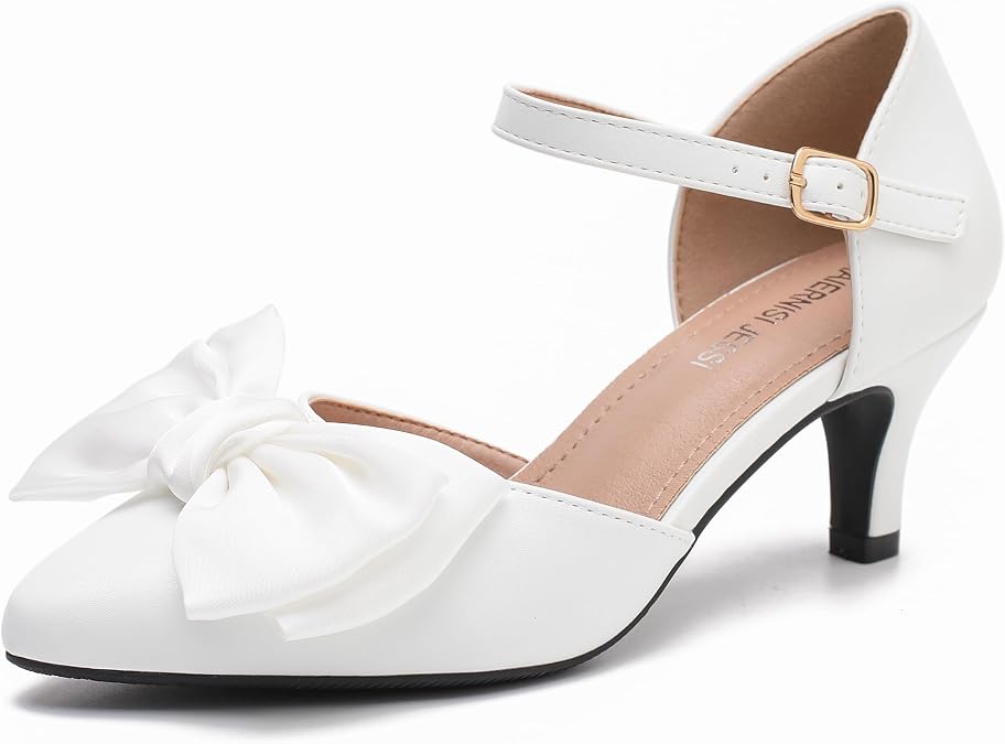 MAIERNISI JESSI Women's Kitten Heel Pumps with Bow, Ankle Strap, Pointed Toe, D'Orsay Style