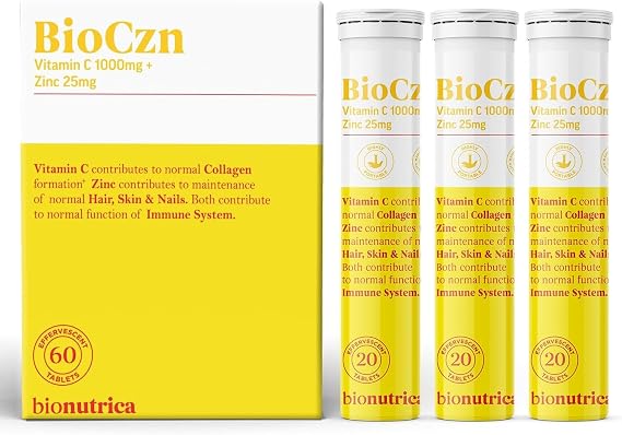 BioCzn Effervescent Vitamin C 1000mg & Zinc 25mg | 60 Tablets | Easy-Dissolve Daily Immune Support | Suitable for Vegans (60)