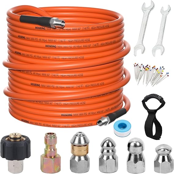 50FT Sewer Jetter Kit for Pressure Washer, 5800 PSI Water Jet Drain Cleaner Hose With Corner Rotating Button Nose Nozzle, 1/4 Inch NPT, Spanner Handle and Strap