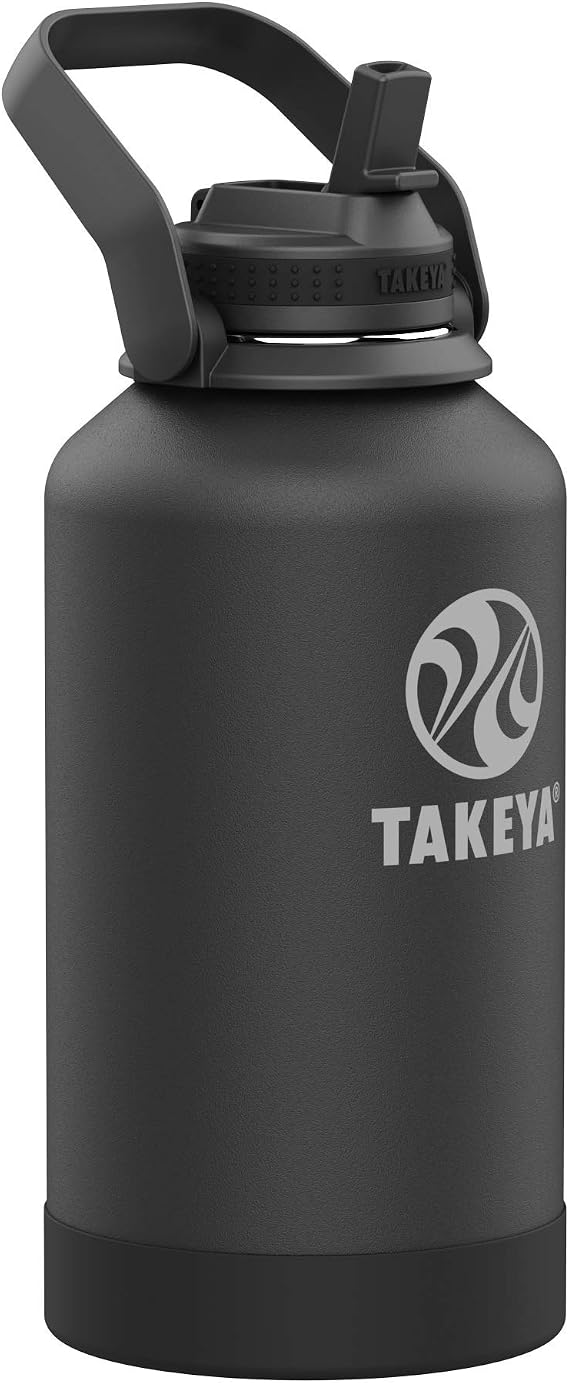 Takeya Pickleball Stainless Steel Insulated Water Bottle with Straw Lid and Carry Handle, 64 Ounce, Ace Black