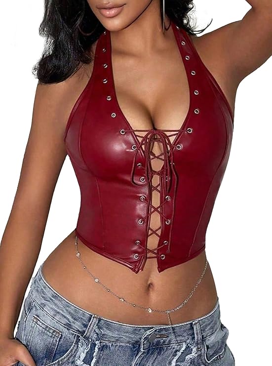 Women's Leather Halter Top Punk Deep V Neck Grommet Eyelet Tie Front Corset Crop Tops Backless Mini Concert Outfits