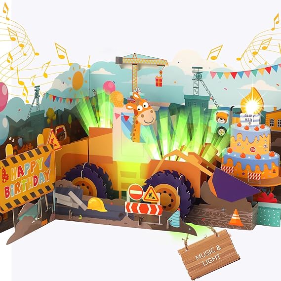 Musical Birthday Card for Kids, 3D Bulldozer Pop-up Birthday Card with Lights & Sounds & Blowable Candle, Happy Birthday Singing Card for Boys Girls Kids Grandson Granddaughter