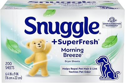 Snuggle SuperFresh Fabric Softener Dryer Sheets, 200 Count, Morning Breeze, Long-Lasting Fresh & Clean Scent, Tackles Pet Odor, Helps Repel Pet Hair, Reduces Static & Fights Wrinkles, HE Safe