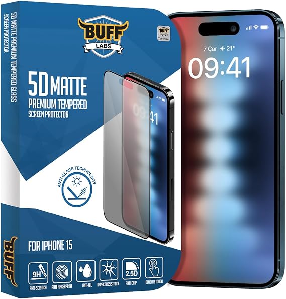 BUFF LABS Buff iPhone 15 ile Uyumlu 5D Matte Mat Ekran Koruyucu