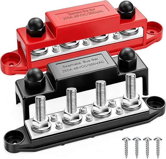 250A 12V Bus Bar Marine 12V,Power Distribution Block with Cover with 4 x 38Post 6 x #8 Screws Terminals,Battery Bus Bar with 4PCS Battery Lugs and 4PCS Heat Shrink Tubing for Car Boat Solar Wiring