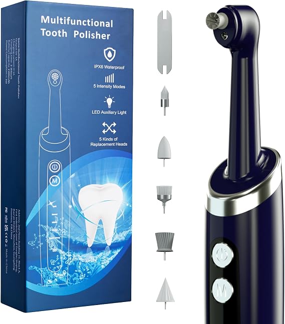 Tooth Polisher Electric Professional with 5 Replacement Heads and Clean Mode, Professional Tooth Polisher USB Charging, IPX6 Waterproof,Teeth Polishing Kit for Adults & Kids Blue.
