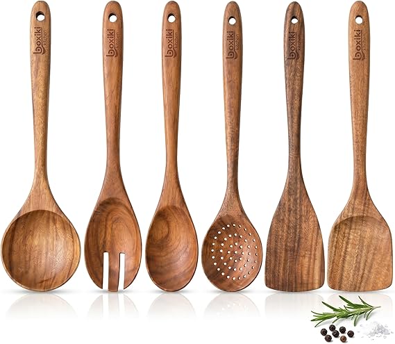 Wooden Spoons for Cooking Set of 6 - Teak Wood Kitchen Utensil Set, FSC Certified Non Toxic Wooden Cooking Utensils with Spatula Mixing Spoon Ladle and Salad Fork for Nonstick Pans by Boxiki Kitchen