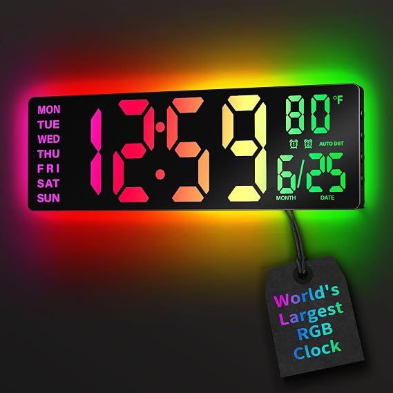 EASYERA 16.5" Large Digital Wall Clock with BT Sync,11 RGB Lights