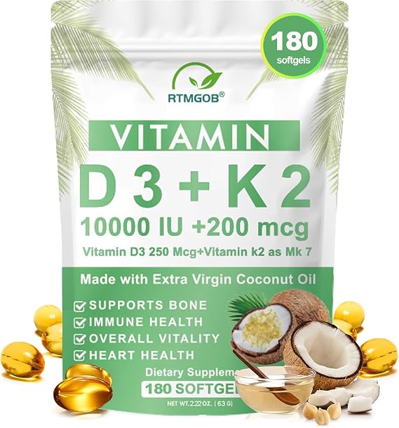 Vitamin D3 K2 Supplement,Vitamin D3 10,000 IU + K2 MK-7 200 mcg Virgin Coconut Oil Softgels,Immune,Teeth & Bone Health Extra Strength,Non-GMO, Gluten Free-Easy to Swallow-180 Softgels