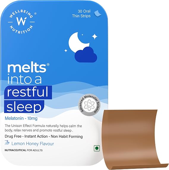 Wellbeing Nutrition Melts Restful Sleep Aid | Plant-Based Melatonin 10mg for Better Sleep with Chamomile, Tagara, L-Theanine | Non-Addictive Sleep-Aid, Safe, Natural, 30 Oral Strips