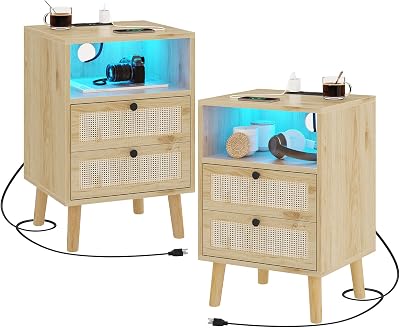 VIAGDO Rattan Nightstands Set of 2, Nightstands with Charging Station & LED Lights, Bed Side Tables with Hand Made Rattan Drawers & Open Storage, End Table, Wood Night Stands for Bedroom, Natural
