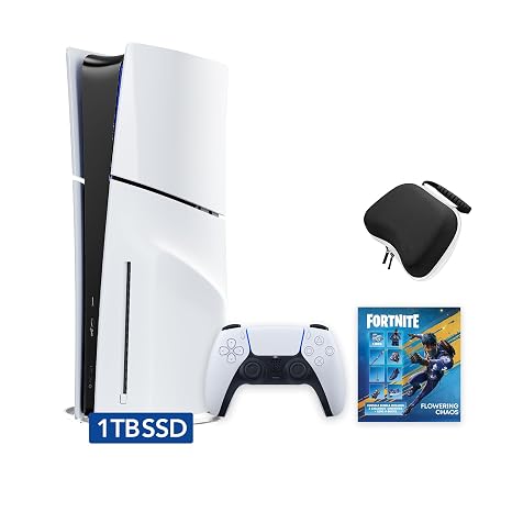 PlayStation 5 Slim Disc Edition Fortnite Flowering Chaos Bundle and Mytrix Controller Case - White, Slim PS5 1TB PCIe SSD Gaming Console
