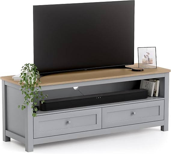 CHRISTOW TV Unit, 2 Drawers & Shelf, Grey | Modern TV Stand, 2 Storage Drawers, Open Media Shelf, Oak-Effect Top, Durable MDF Construction, W118cm x D40cm x H45cm